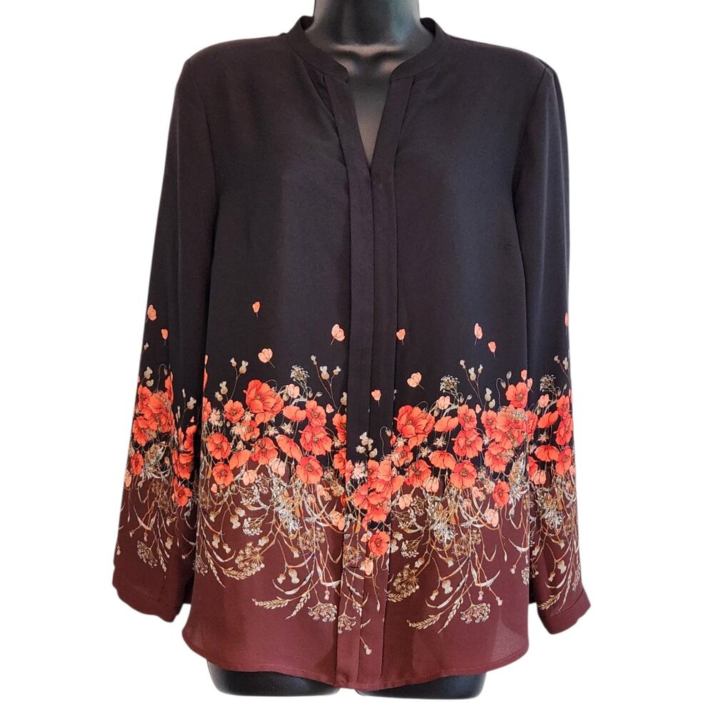 The Limited floral border long sleeve blouse black size M